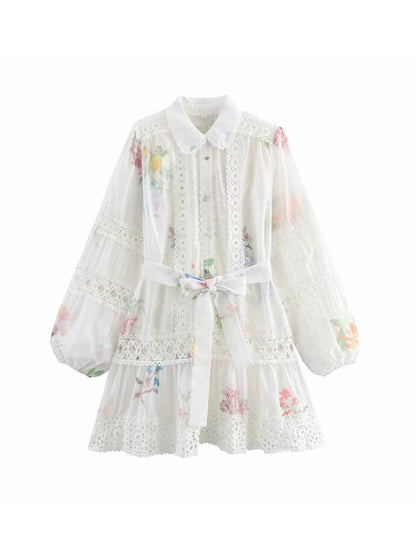 Women White Flower Print Dress Vintage Lace Patchwork Long Sleeve Evening Dress Y2k Birthday Party One Piece Frocks Clothes 2025