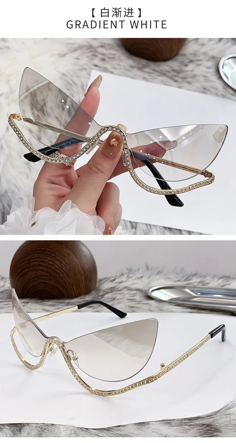 Retro Rhinestone Cat Eye Rimless Punk Sunglasses Women 2025 Luxury Brand Vintage Metal Frameless Sun Glasses Travelling Shades