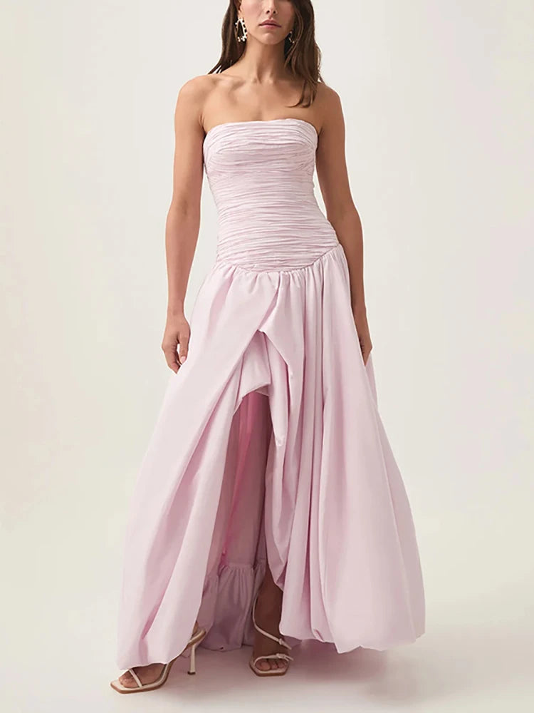 Sexy Strapless Printed Split Deign Long Bubble Dress Women Sleeveless Backless High Waist Patchwork Folds Dresses Evening Party
