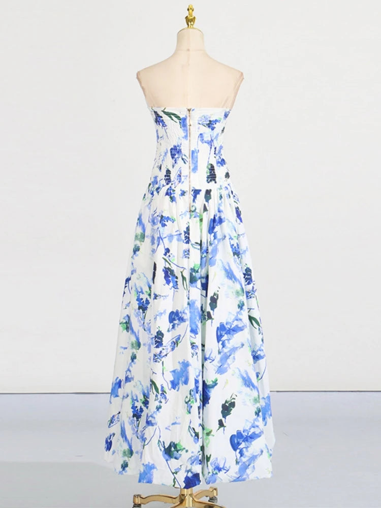 Sexy Strapless Printed Split Deign Long Bubble Dress Women Sleeveless Backless High Waist Patchwork Folds Dresses Evening Party