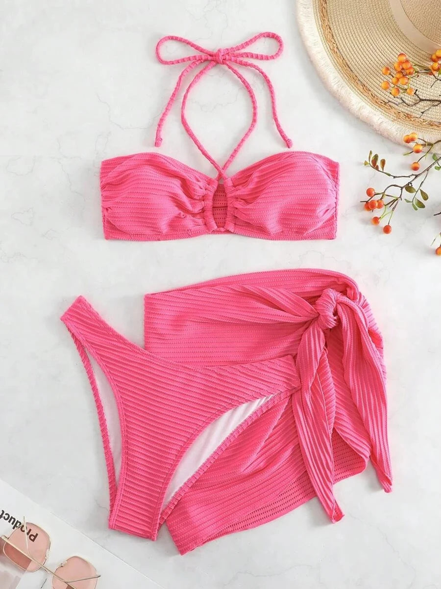 2025 Solid Halter String 3 Piece Bikini String Skirt Swimsuit Women Swimwear Female Bather Bathing Swimming Swim Suit Beachwear