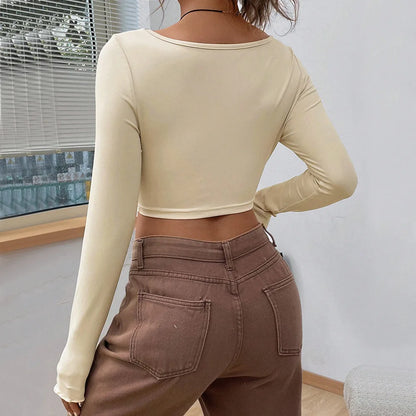 Fairyshely 2025 Autumn Winter V Neck Bodycon T-shirt Sexy Women Long Sleeve Bodycon Crop Top Lady Apricot Y2K Clud Short Tops