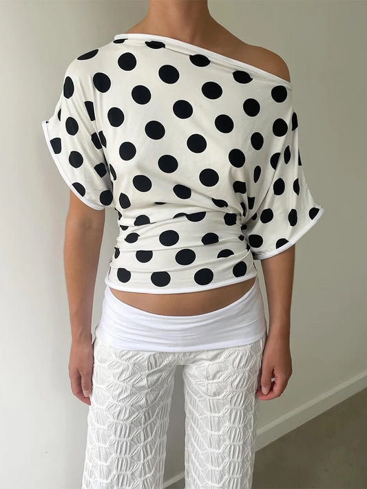 Absobe Polka Dot One-Shoulder Short Sleeve Top For Women Back Lace-up Waist Slim Fit T-Shirt Y2K Hot Girl Casual Tee Streetwear