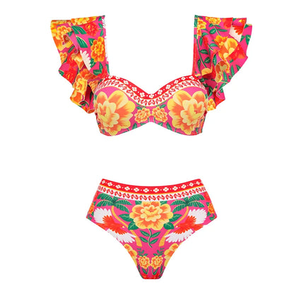 Women Print Ruffle One Piece Swimsuit Off The Shoulder Swimwear Women Sexy Swimsuit Deep-V Bathing Suits Beach Wear Swim Suit