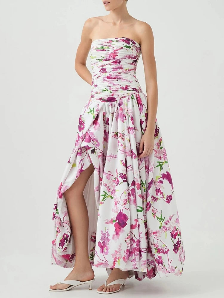 Sexy Strapless Printed Split Deign Long Bubble Dress Women Sleeveless Backless High Waist Patchwork Folds Dresses Evening Party