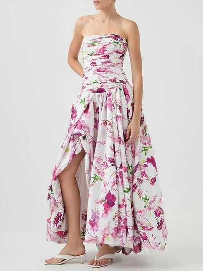 Sexy Strapless Printed Split Deign Long Bubble Dress Women Sleeveless Backless High Waist Patchwork Folds Dresses Evening Party