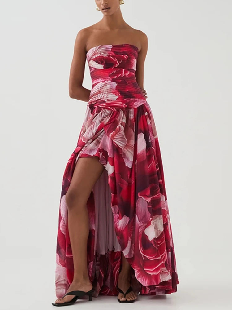Sexy Strapless Printed Split Deign Long Bubble Dress Women Sleeveless Backless High Waist Patchwork Folds Dresses Evening Party