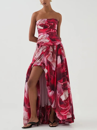 Sexy Strapless Printed Split Deign Long Bubble Dress Women Sleeveless Backless High Waist Patchwork Folds Dresses Evening Party