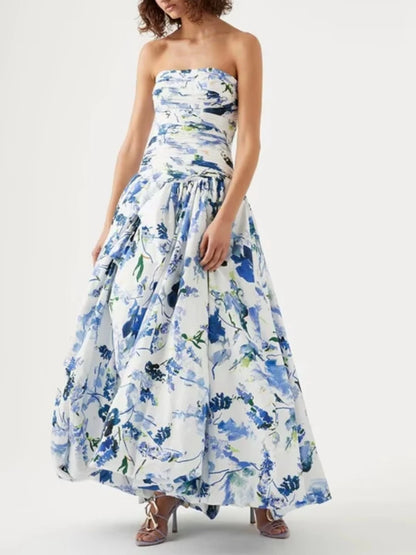 Sexy Strapless Printed Split Deign Long Bubble Dress Women Sleeveless Backless High Waist Patchwork Folds Dresses Evening Party