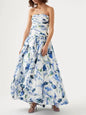 Sexy Strapless Printed Split Deign Long Bubble Dress Women Sleeveless Backless High Waist Patchwork Folds Dresses Evening Party