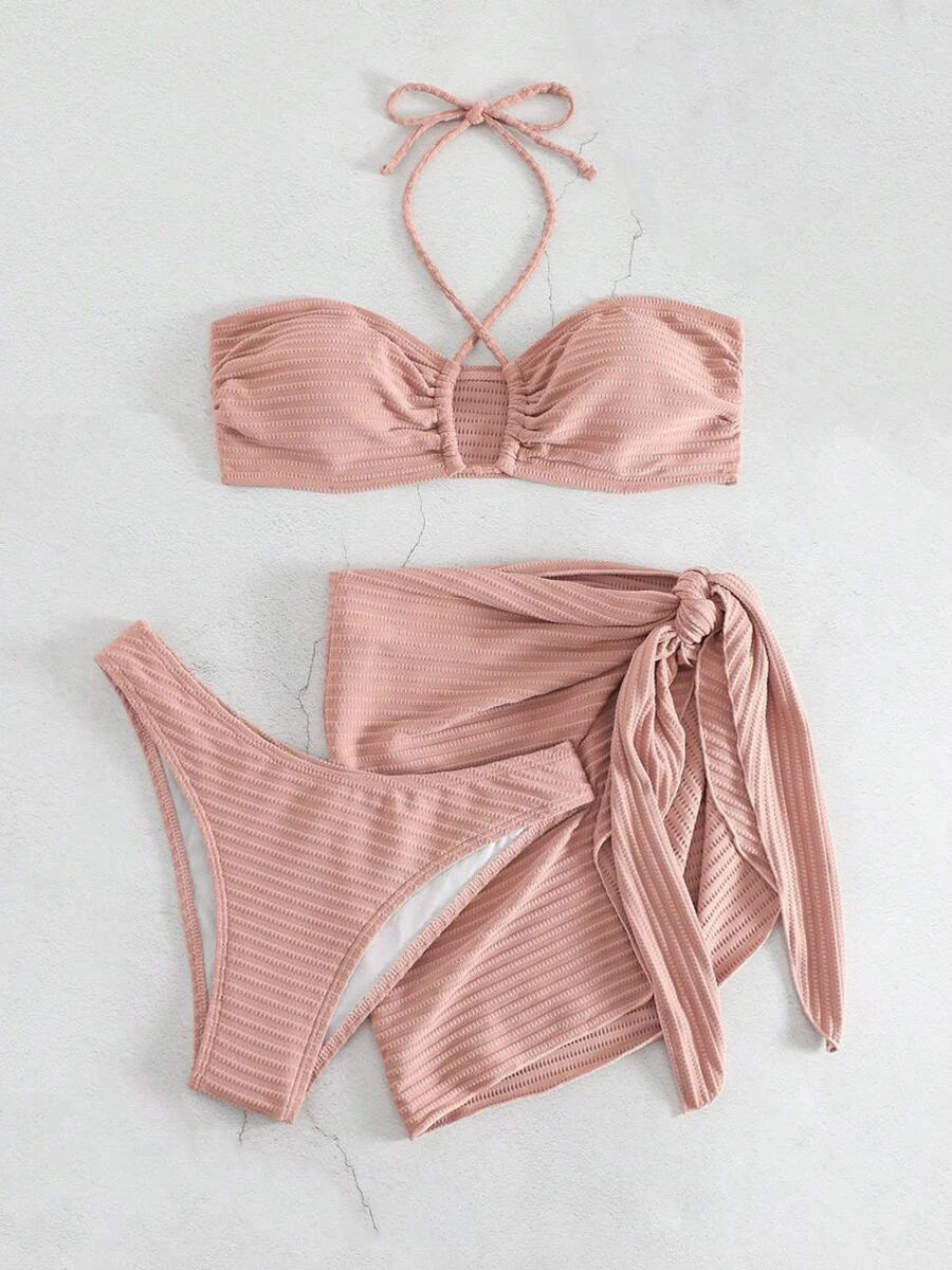 2025 Solid Halter String 3 Piece Bikini String Skirt Swimsuit Women Swimwear Female Bather Bathing Swimming Swim Suit Beachwear