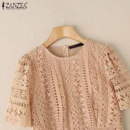 ZANZEA Elegant Summer Short Sleeve Pleated Party Sundress Fashion Women Lace Patchwork Dresses 2025 Stylish Work OL Vestidos