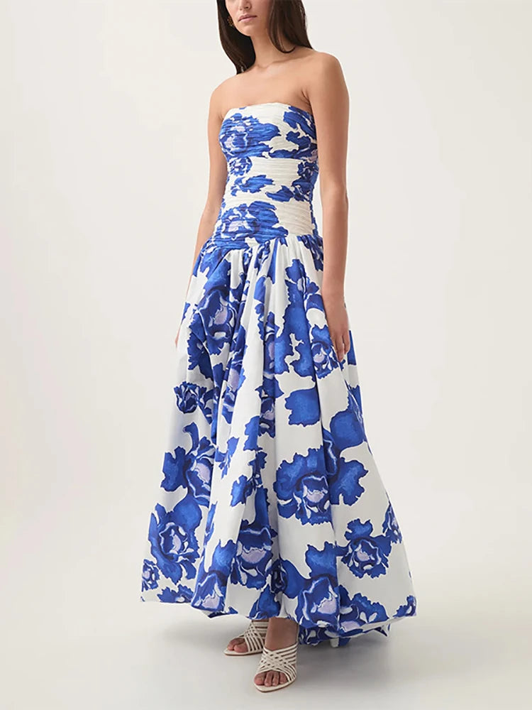 Sexy Strapless Printed Split Deign Long Bubble Dress Women Sleeveless Backless High Waist Patchwork Folds Dresses Evening Party