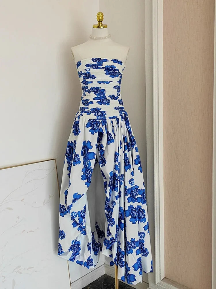 Sexy Strapless Printed Split Deign Long Bubble Dress Women Sleeveless Backless High Waist Patchwork Folds Dresses Evening Party