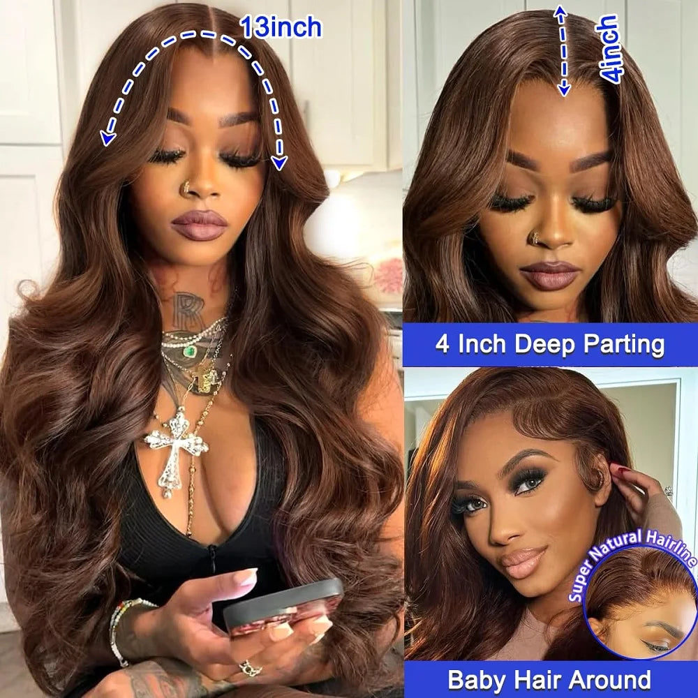Chocolate Brown Glueless Wigs Human Hair Transparent 13x4 HD Lace Frontal Wig Ready To Wear And Go Body Wave Lace Front Wig