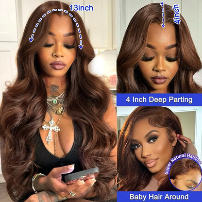 Chocolate Brown Glueless Wigs Human Hair Transparent 13x4 HD Lace Frontal Wig Ready To Wear And Go Body Wave Lace Front Wig