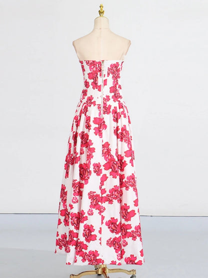 Sexy Strapless Printed Split Deign Long Bubble Dress Women Sleeveless Backless High Waist Patchwork Folds Dresses Evening Party