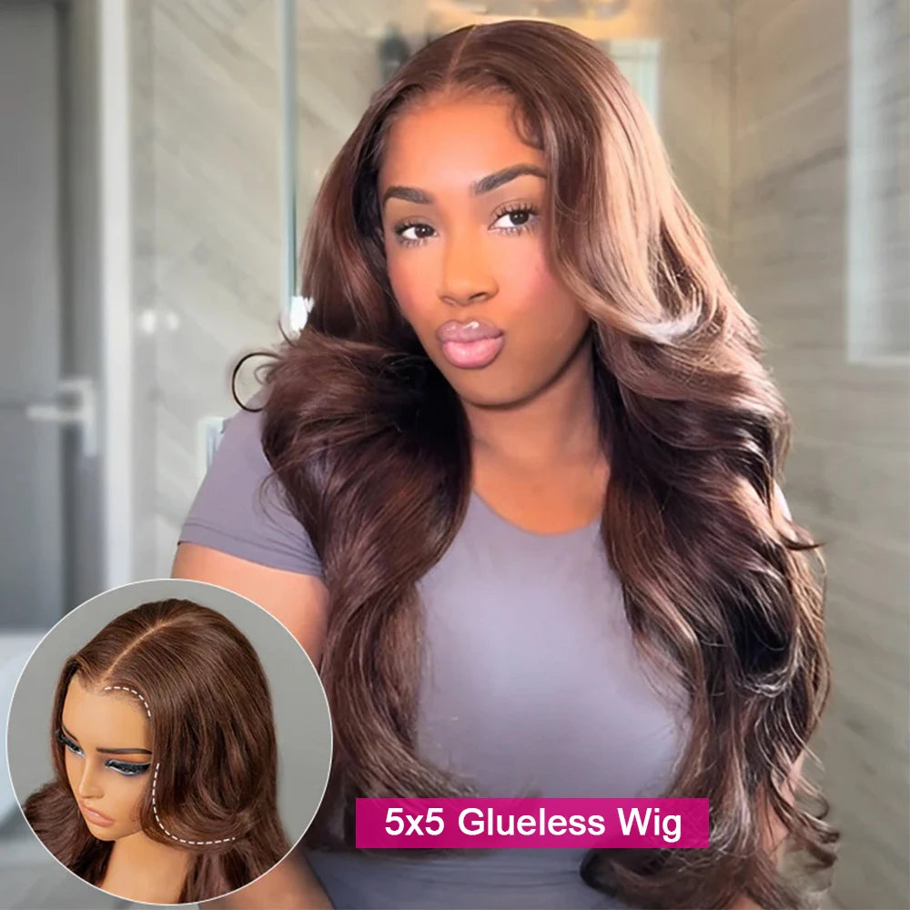 Chocolate Brown Glueless Wigs Human Hair Transparent 13x4 HD Lace Frontal Wig Ready To Wear And Go Body Wave Lace Front Wig