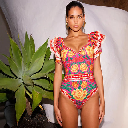 Women Print Ruffle One Piece Swimsuit Off The Shoulder Swimwear Women Sexy Swimsuit Deep-V Bathing Suits Beach Wear Swim Suit