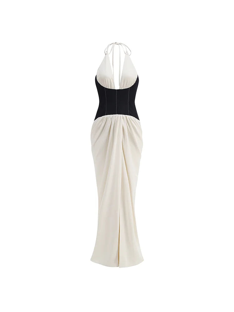 Celebrity Women's Photography Party Evening Gown Corset - style Top Backless Sexy Halter Neck Contrasting Color Long Dress
