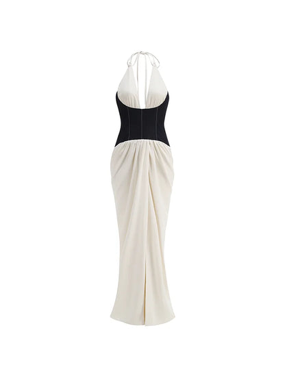 Celebrity Women's Photography Party Evening Gown Corset - style Top Backless Sexy Halter Neck Contrasting Color Long Dress