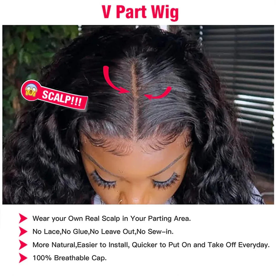 V Part Curly Wig Human Hair No Leave Out No Glue Brazilian Deep Curly Wave Human Hair Wigs for Women 220% Density