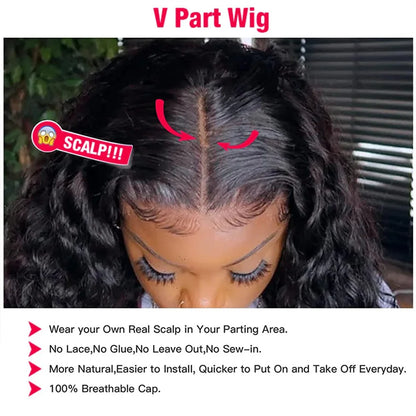 V Part Curly Wig Human Hair No Leave Out No Glue Brazilian Deep Curly Wave Human Hair Wigs for Women 220% Density