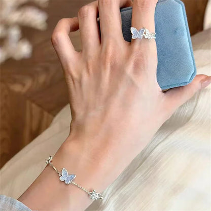 Fashion Silver Color Crystal Butterfly Jewelry Set Adjustable Bracelet Earrings Necklace Ring for Women Handmade New Year Gift