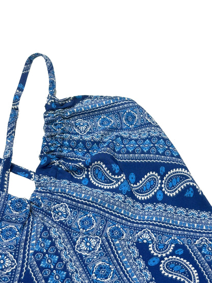 Women's Summer Ethnic Pattern Backless Split Thigh Dress Ladies Summer Clothes Boho Fashion Frill Trim Long Dress for Beach