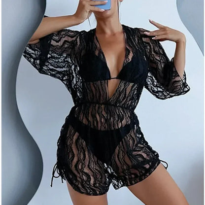 Sexy Print Bikini Set Three Piece Swimming Suits Bathing Suit Woman Beachwear High Waist Drawstring Swimsuit Women Swimwear