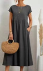 Women Vintage Solid Dress 2025 Summer Elegant O Neck Short Sleeve Cotton Linen Dresses Female Casual Loose Sundress Long Dress